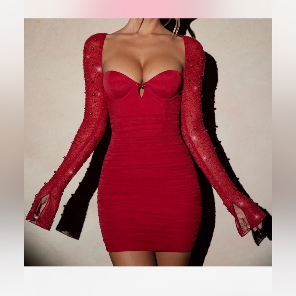 Oh Polly Red Long Sleeve Dress with Beaded Detail